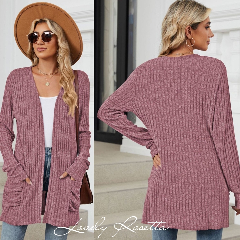 Gray Ribbed Open Front Cardigan - Picture 10 of 10